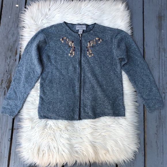 Eddie Bauer Wool Blend 3D Floral Embroidered Zip Up Gray Sweater Cardigan size S - Picture 1 of 9